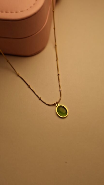 Green Gem Oval Charm Golden Necklace
