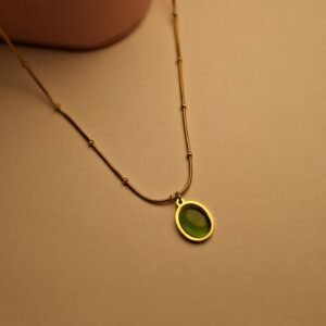 Green Gem Oval Charm Golden Necklace