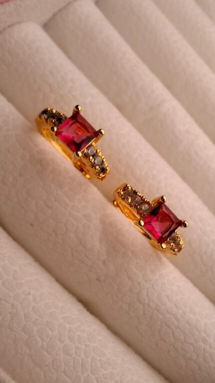 Golden Princess-Cut Dark Pink Stone Mini Hoops