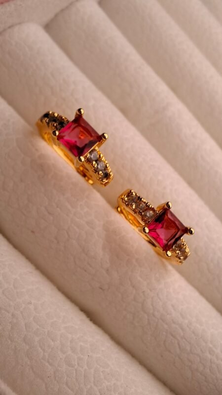 Golden Princess-Cut Dark Pink Stone Mini Hoops
