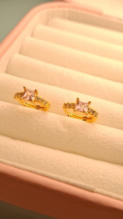 Golden Princess-Cut light Pink Stone Mini Hoops
