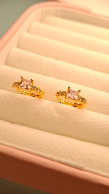 Golden Princess-Cut light Pink Stone Mini Hoops
