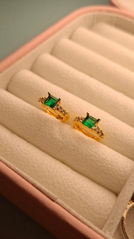 Golden Princess-Cut Green Stone Mini Hoops