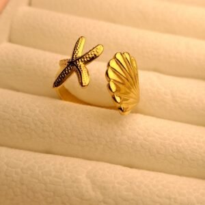 Golden Starfish Seashell Anti Tarnish Ring by Craft & Tell – waterproof, skin-safe daily wear jewellery for women